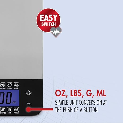 SmartHeart Premium Stainless Steel Digital Food Scale | Kitchen Scale for Meal Prep & Baking, Calorie & Carb Counter, 14 Foods, Tare, 11 lb, g/oz/lb/ml, Backlit LCD