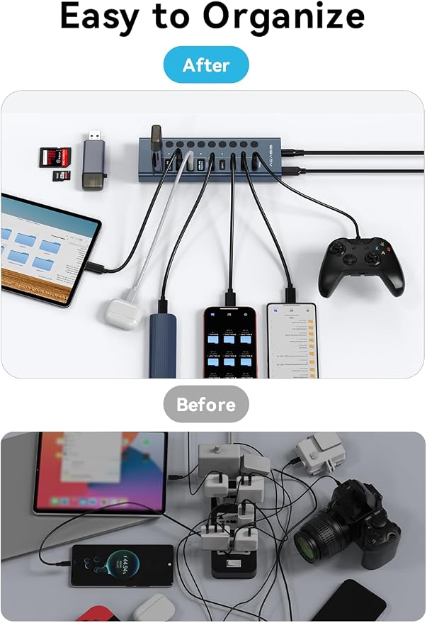 Powered USB 3.2 Hub, ACASIS 10 Ports USB 3.2 Hub(5 USB-A 3.2 Ports+5 USB-C 3.2 Ports), Aluminum USB Hub Powered with 48W Power Adapter, USB Hub for PC/Laptop, Computer, Flash Drive, Printer, Camera