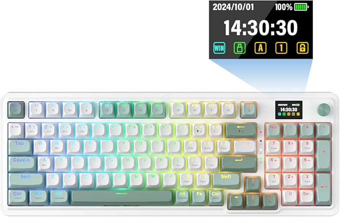 Redragon K719 Wireless Gasket Gaming Keyboard w/Hype Screen & Knob, 95 Keys Mechanical Keyboard, Easy-Control 1.14’’ TFT Info Display, 5-Layer Noise Dampening, Custom Linear Switch, Jade Cloud Color