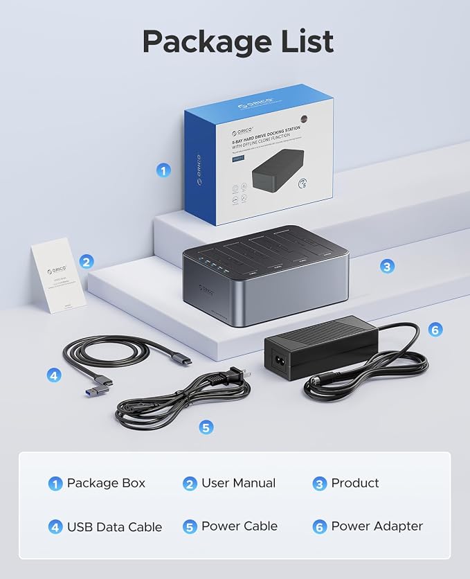 ORICO USB-C Hard Drive Docking Station with Offline Clone 4 Bay Aluminum USB 3.2 Gen 1 for 2.5''/3.5'' SSD HDD Up to 20TB(4*20) -6646C3