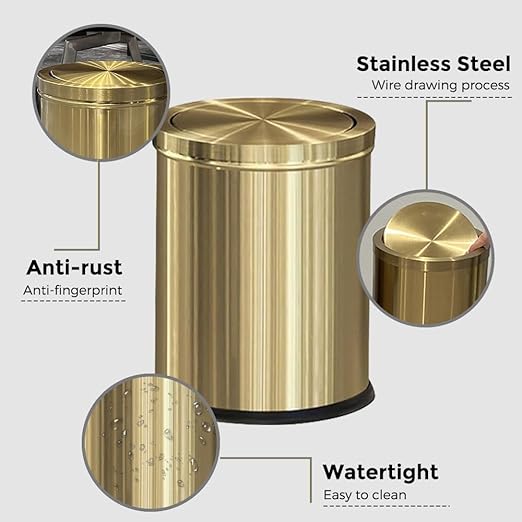 15L/4GAL Gold Bathroom Trash Can, Small Waste Basket with Flipping Lid, Golden Garbage Can for Bathroom,Living Room,Hotel,Office(Singer Gold)