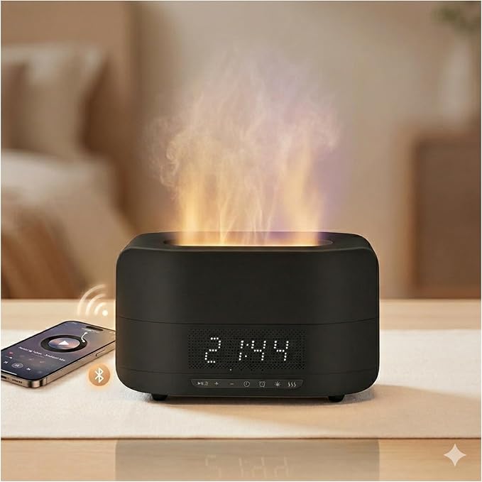 Aroma Essential Oil Diffuser & Humidifier 400mL, 5-in-1 Flame Effect Ultrasonic Diffuser with Bluetooth Speaker, LED Night Light & Clock, Quiet Diffuser for Bedroom Sleep Relaxation(Black)