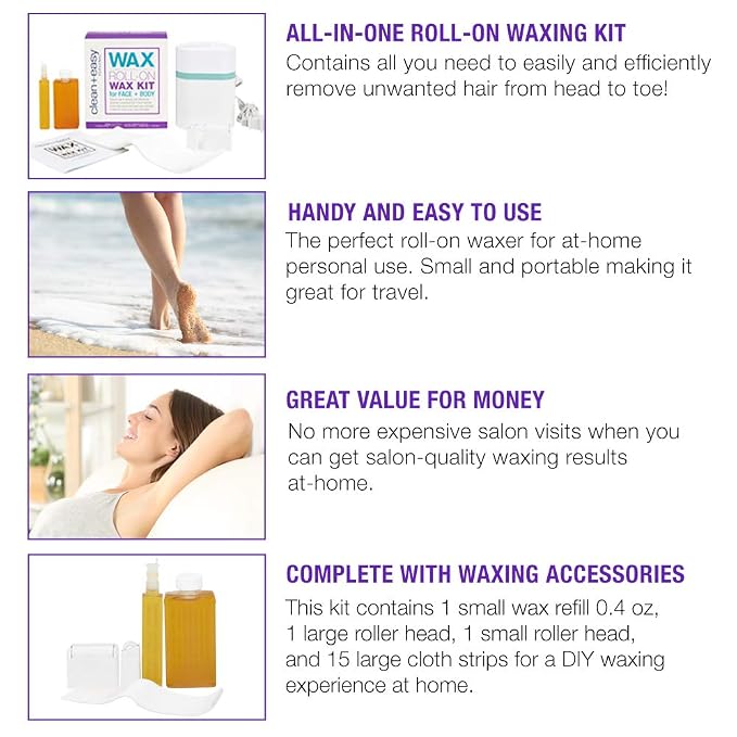 Clean + Easy Roll on Wax Kit – Hair Removal System with Dual Electric Warmer, Cartridges & Strips, At-Home Wax Roller Kit, 120V