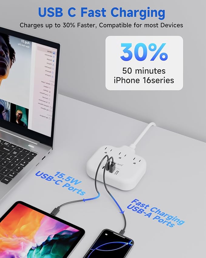 Brazil Power Adapter with 5FT Extension Cord, meta-ant US to Brazil Travel Plug with 3 American Outlets and 4 USB Charger Port(2 USB C), Type N Adaptor for USA to Brazilian Brazil, White