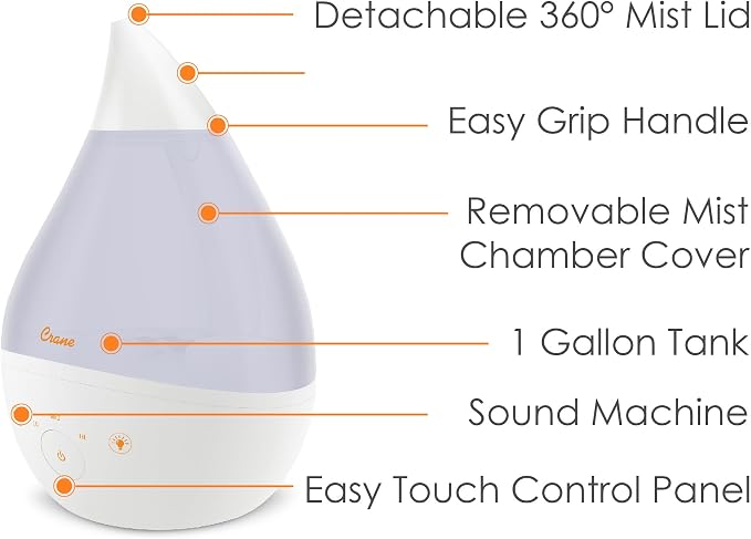 Crane 4-in-1 White Drop Ultrasonic Cool Mist Humidifier with Sound Machine, Night Light, Aroma Tray, 1 Gallon Top Fill White