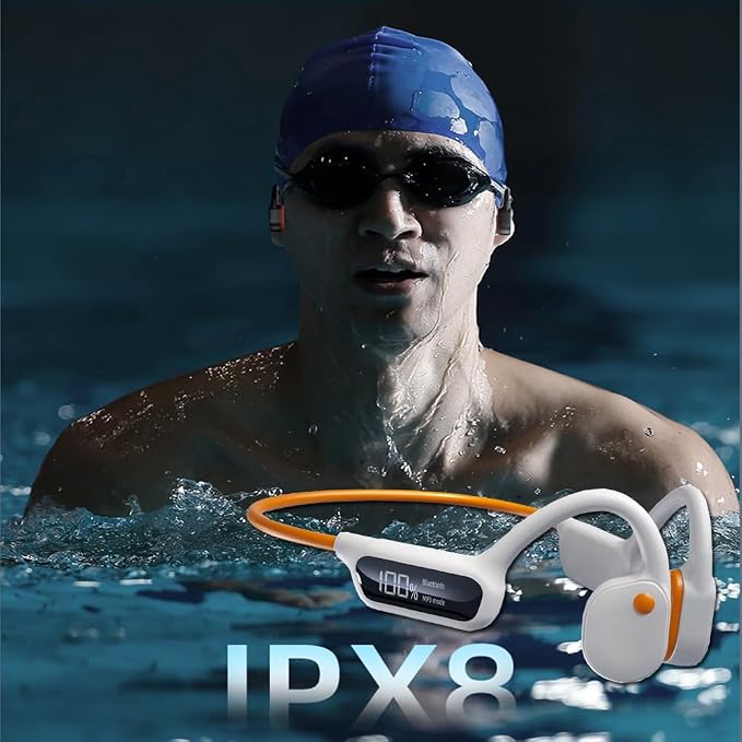 AYI True Bone Conduction Swimming Headphones with Bluetooth 5.4 & MP3 Player Mode 32GB Built-in Memory IPX8 Waterproof Screen Display Pain-Free Open-Ear Earphone for Sport and Work-X10 White
