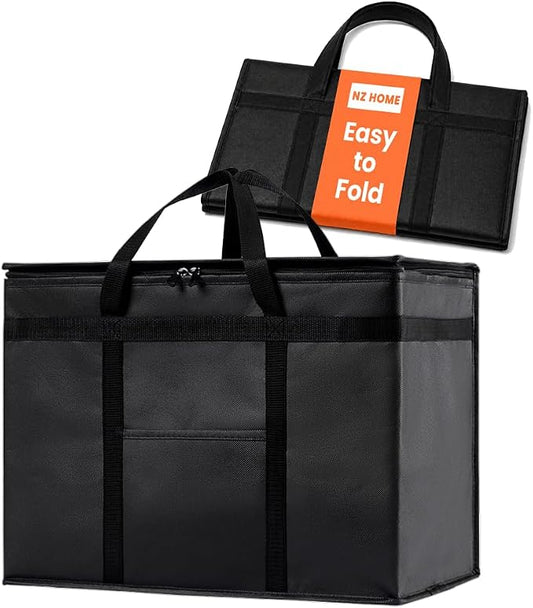Insulated Bags for Food Delivery (XL Plus) Grocery Shopping Cooler Bag, Pizza Delivery, Hot & Cold Catering Tote, Reusable, Foldable & Heavy Duty (Black)