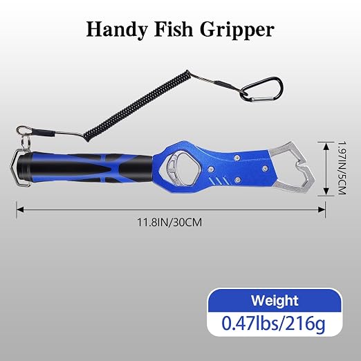 Eupheng 11.8'' Heavy-Duty Fish Gripper with Scale Rustproof Aluminum Body, Non-Slip Rubber Handle, Built-in Weight Estimator & Wrist Lanyard