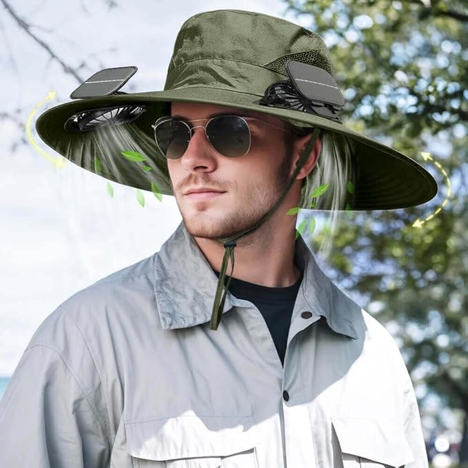 Solar Powered Fan Hat for Men Women Wide Brim Hat with 2 Fans UPF 50+ Outdoor Fishing Beach Sun Hat