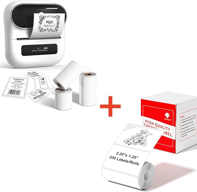 Phomemo M220 Label Maker & 4 Roll Label, 3.14 Inch Bluetooth Thermal Label Printer for Barcode, Address, Labeling, Mailing, File Folder Label, Easy to Use, Support Smartphone, Tablet&PC