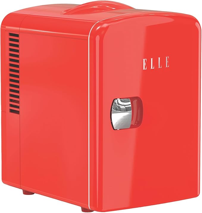 ELLE Multi Purpose 4L Mini Fridge Cooler and Warmer with Cool and Warm Function Removable Shelf Carrying Handle AC DC Power Options for Car Office Bedroom 6 Can Capacity Red
