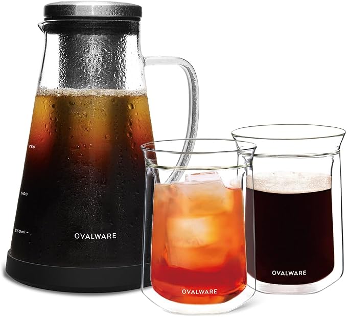 Airtight Cold Brew Iced Coffee Maker 1.0L with Double Wall Single Lip Insulated Glass Cup