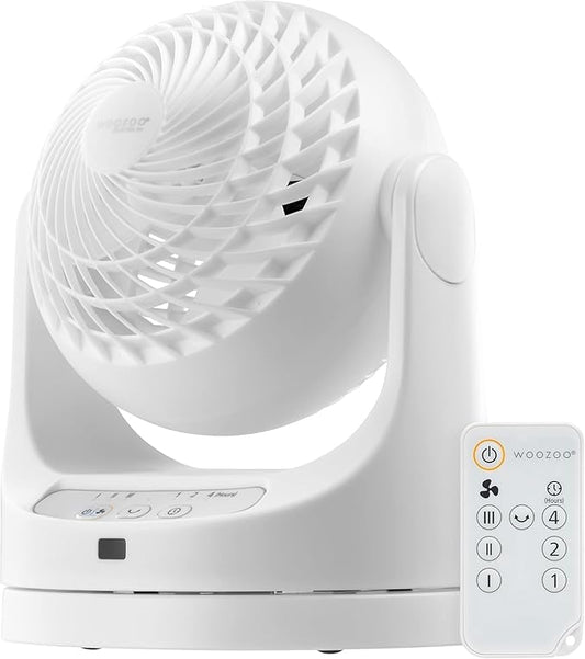 IRIS USA WOOZOO Desk Fan with Remote, Oscillating Air Circulator, 3 Speeds, 46ft Max Air Distance, 112° Adjustable Vertical Tilt, 23db Quiet Motor, Small Fan for Bedroom, Office, Dorm, White