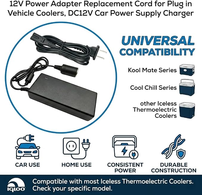 12V Power Adapter Cord for Igloo Iceless Coolers | DC12V replacement cord for Igloo Kool Mate, Cool Chill, and thermoelectric coolers. For plug-in vehicle cooler use.