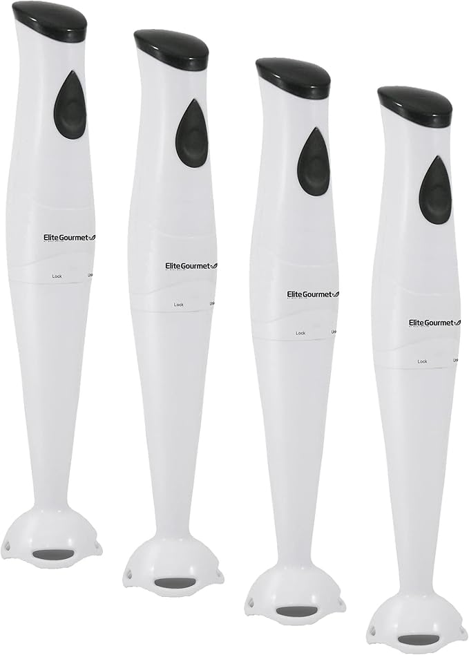 Elite Gourmet EHB-2425X Electric Immersion Hand Blender, Mixer, Chopper, 1-Touch Control Multi Purpose Electric Immersion Stick, Mixer, Chopper, 150 Watts, For Soups, Sauces, Baby Food, White