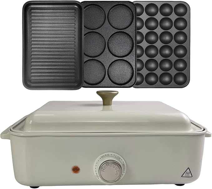3 in 1 Multifunctional Electric Griddle Electric Skillet Nonstick Baking Maker with 3 Interchangeable Baking Plates for Takoyaki Maker Cake Pop Maker Pancake Maker White