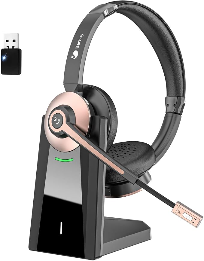 Earbay Wireless Headset, Bluetooth Headphones with Microphone Noise Canceling & Mute, Wireless Headset with Mic & USB Dongle/Charge Dock for Computer Phone Remote Work Office Call Center Teams