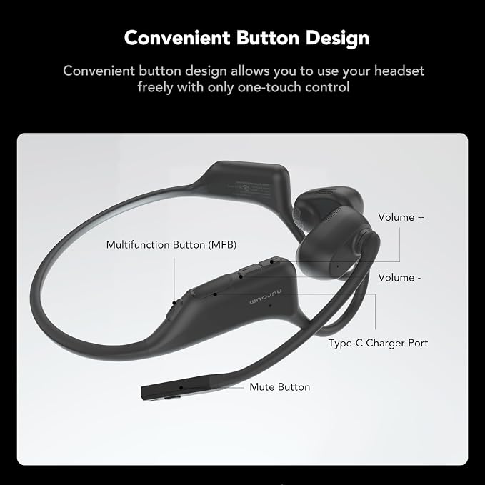 NUROUM OpenEar Pro Headphones with Mic, ENC Noise Reduction Microphone, Bluetooth 5.3 Multi-Point Connection, Sweatproof Wireless Headset for Work, 15H Comfort for Office/Business/Driving/Workout