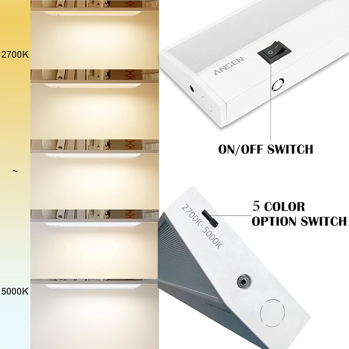 Ansen 4Packs of Under Cabinet Lighting Hardwired, 12IN 10W 666LM, Dimmable Led Light for Kitchen/Bar/Closet, CRI>92, R9>90, 5 Color Temperature, 2700K-5000K(Warm White, Cool White, Daylight)