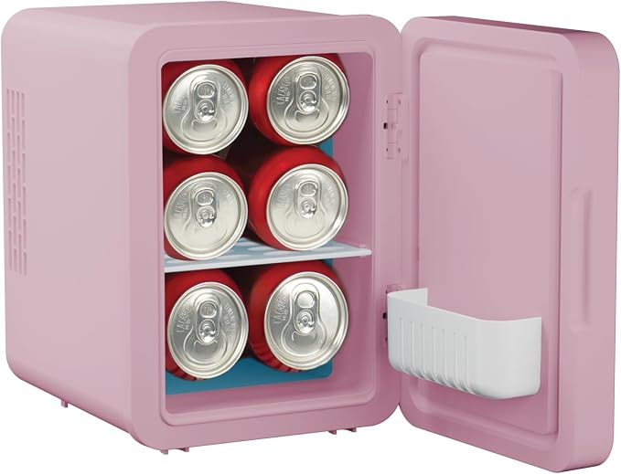 ELLE 4L Mini Cooler Fridge with LED Makeup Mirror for Skincare & Cosmetic Storage Cooler & Warmer Removable Shelf Carrying Handle AC DC Power Options Small Refrigerator for Bedroom Car Office Pink