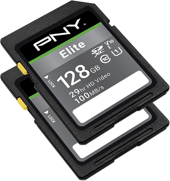 PNY 128GB Elite Class 10 U1 V10 SDXC Flash Memory Card 2-Pack - 100MB/s Read, Class 10, U1, V10, Full HD, UHS-I, Full Size SD