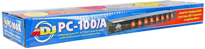 American DJ 8 channel AC power strip with 15 amp breaker and 8 on/off toggle switches. 19 inch rack mountable