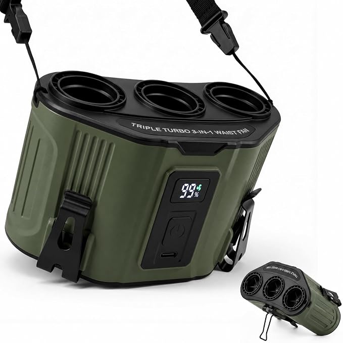 Portable Personal Fan: 3-Motor Hands-Free Waist Fan with 12,000mAh Battery & 5-Speed Airflow – Powerful Cooling for Construction Sites, Camping, Hiking & Travel-Belt Fan-Green