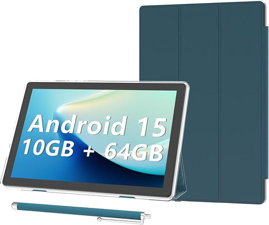 Android 15 Tablet 10 inch Tablets with Case, 12GB RAM + 64GB ROM (Expand to 1TB), Quad Core Processor Tablets, 5G WiFi 6, BT5.0, 1280x800 HD Screen, 6000mAh, Dual Camera, GMS, Widevine L1, Navy
