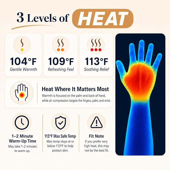 STRIDEFLOW Hand Massager with Heat and Compression for Arthritis and Carpal Tunnel Relief, Air Compression Glove for Hand & Wrist Pain, FSA-HSA Eligible, Fathers Day Gift for Men, Off White