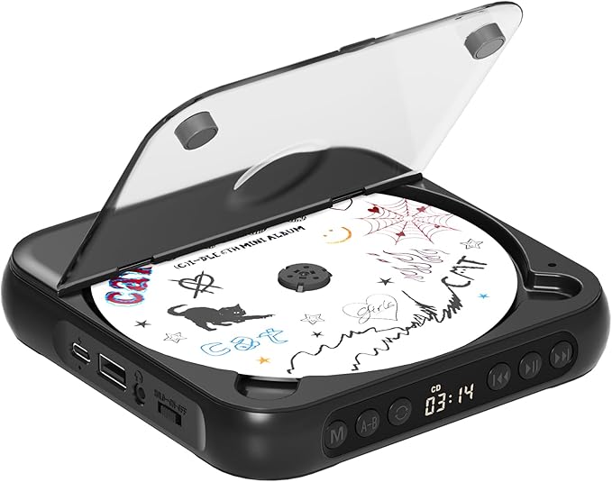 ENVYCLOUD CD Player Portable with Dual Stereo Speakers, Rechargeable Portable Player with Bluetooth for Home with Headphones, Support CD/AUX/USB,Black