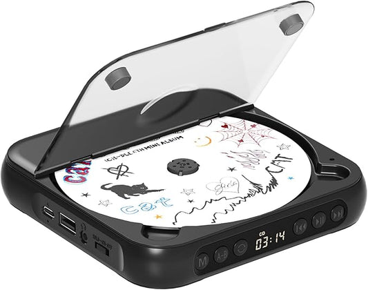 ENVYCLOUD CD Player Portable with Dual Stereo Speakers, Rechargeable Portable Player with Bluetooth for Home with Headphones, Support CD/AUX/USB,Black