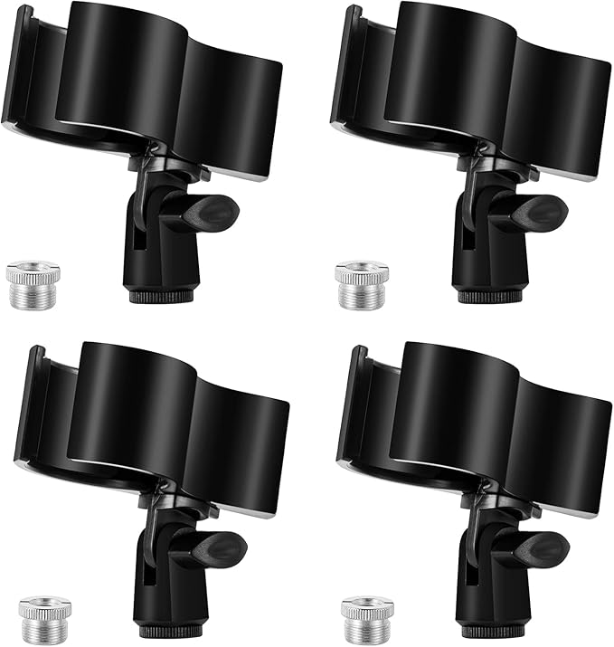 BILIONE 4pcs Versatile Microphone Clip, Adjustable Mic Holder for Microphones with Outer Diameter Range 1.26" from 2.3", with 5/8" Male to 3/8" Female Screw Adapter(Black)