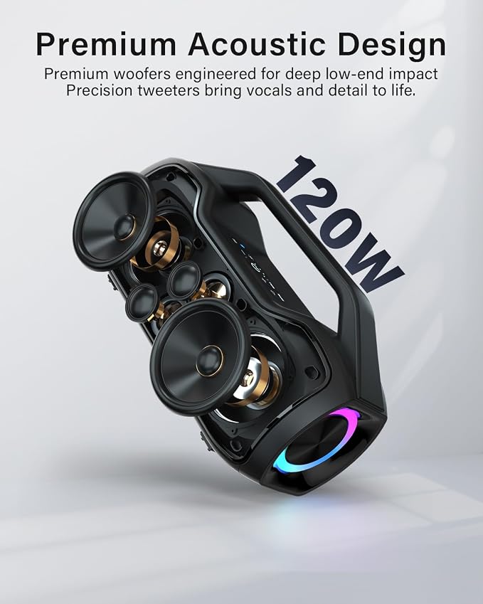 Portable Bluetooth Speaker Bass Boost, 120W Peak Loud Powerful Speakers Wireless w/2*Bass and 2*tweeters, 20H Playtime,IPX6 Waterproof, BT5.4, Suitable for Party, Beach, Camping,Outdoor,Large Jobsite