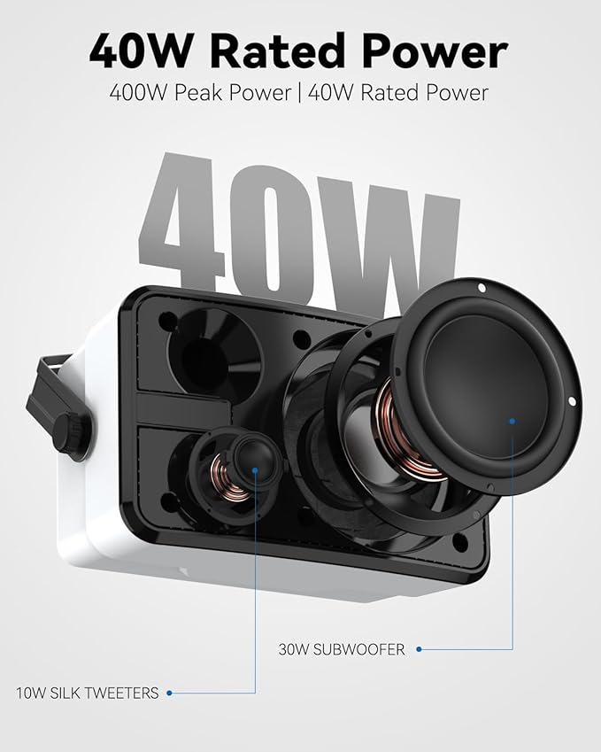 400W Outdoor Bluetooth Speakers, Wireless Sync Between Speakers, Powerful Bass, Wall Mount for Patio, Porch, Gazebo, Garage, 2-Pack, White(MZ-621)