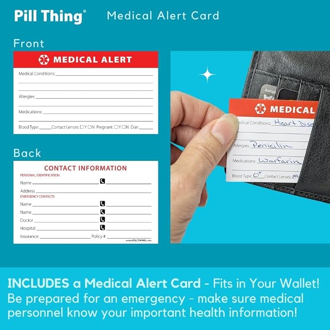 8 Times a Day, 7 Day Large Weekly Pill Organizer with Holder Tray, Vitamin, Medicine Box, Multicolor with Medical Alert Card (8X a Day - 2 Pack)