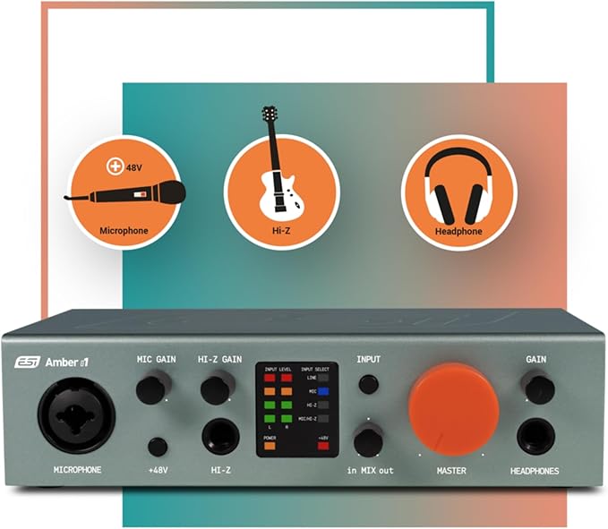 ESI Amber i1 USB Audio Interface with Audio Mixer for Guitarists, Vocalists & Producers - Studio-Quality Sound, 24-Bit/192kHz, RCA, 2-in/2-out with Separate Line Inputs, Professional Software Included