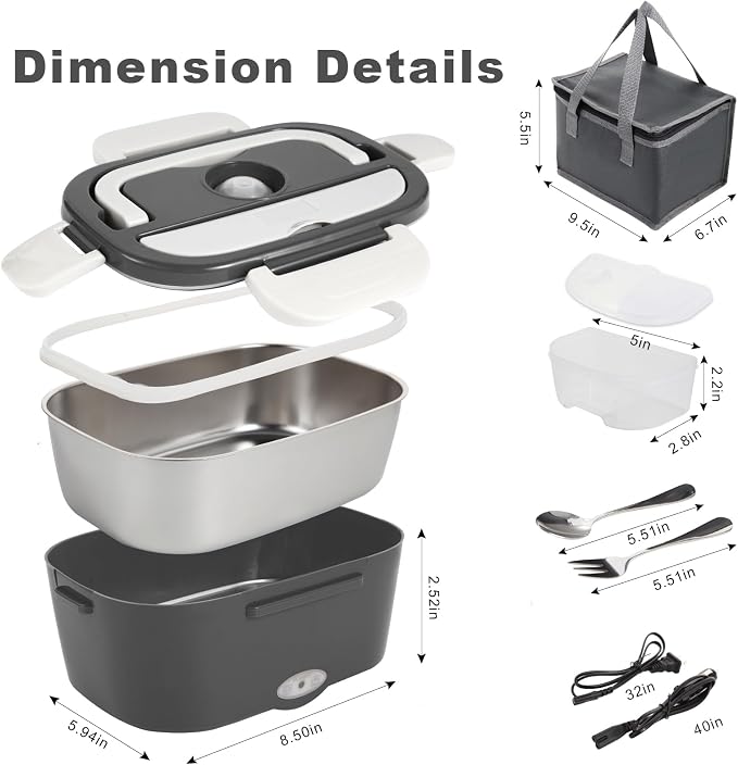 SOHIDA Electric Lunch Box, 12V/24V/110V Portable Food Warmer with SS Fork & Spoon for Car/Truck/Office, 80W Self Heating Lunch Box with 1.5L 304 Stainless Steel Container & 0.45L PP Fruit Box Beige