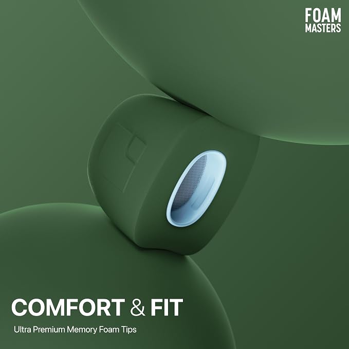 Foam Masters Ultra-Premium Memory Foam Ear Tips for AirPods Pro 3rd Gen (2025) | 3 Pairs | New Ver. | Secure Fit | Super Comfort | Better Noise Cancel | Replacement Buds (Assorted S/M/L, Forest Green)