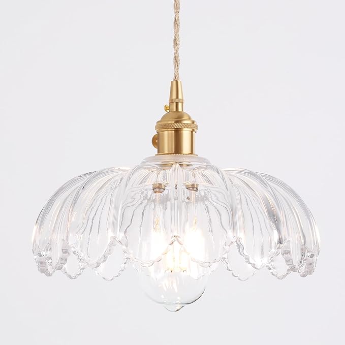 Shenmoyl Pendant Light with Clear Scindapsus Glass Lmapshade, Brass Vintage Pendant Light Adjustable Hanging Light for Kitchen Island Dining Room Hallway