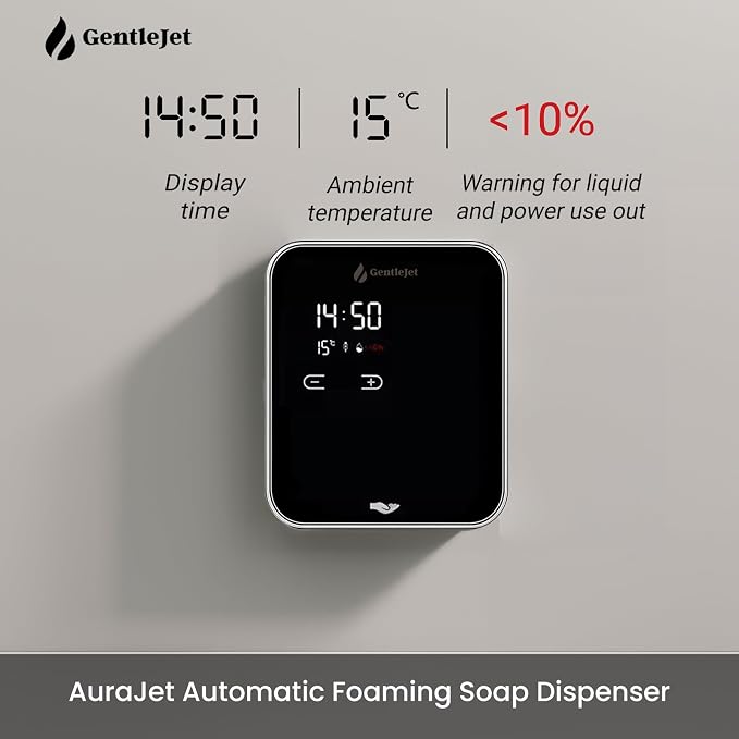 GentleJet AuraJet Automatic Foaming Soap Dispenser Wall Mount – Touchless Sensor, LED Display, 5 Foam Levels, Rechargable USB-C or Battery Powered, Aluminum Alloy, 480 ml Refillable