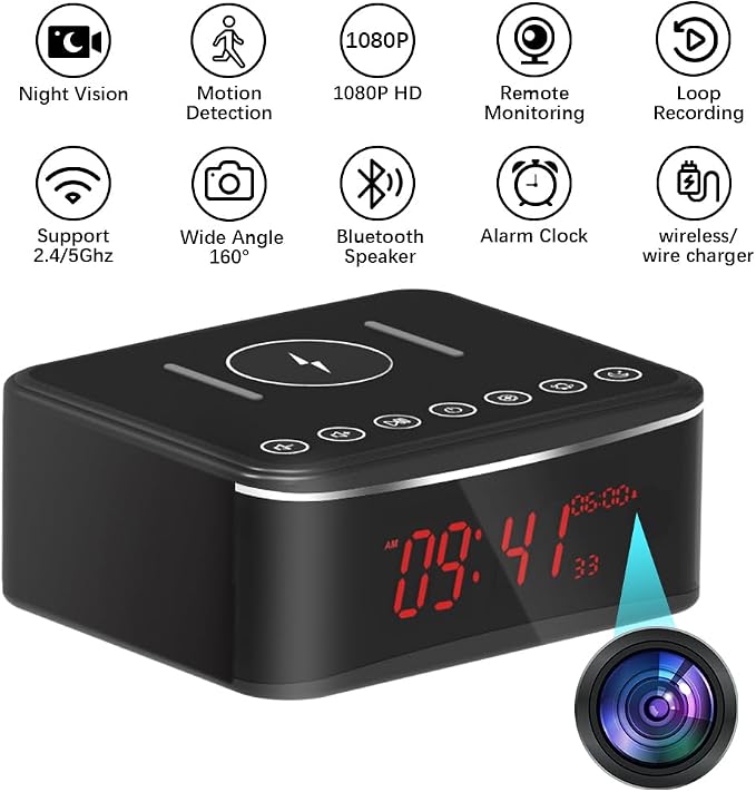 Hidden Camera Motion Activated/Stronger Night Vision/160°View Angle/HD 1080P,Indoor WiFi Camera with Bluetooth Speaker,Alarm Clock,Wireless/Wire Charger(2.4/5Ghz)