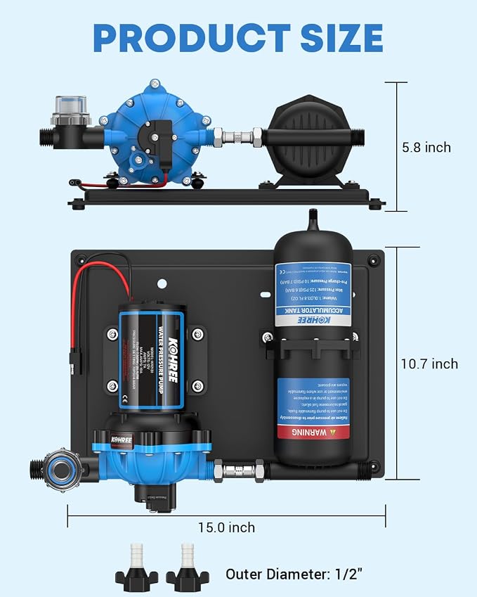 Kohree RV Water Pump 12V DC 7.5GPM 70PSI and 1L 125PSI Pre-Pressurized Accumulator Tank, Quiet RV Water Pump and Accumulator Tank System for RV Camping, Boat, Kitchen, Bathroom