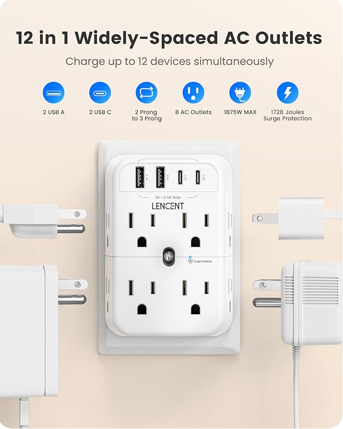 LENCENT 2 Prong Power Strip, 3 to 2 Prong Outlet Adapter, 2 Type C&2 USB, Surge Protector, Polarized Plug, 3-Sided Wide Spaced Extender, Wall Tap Splitter for Non-Grounded Outlets in Old House