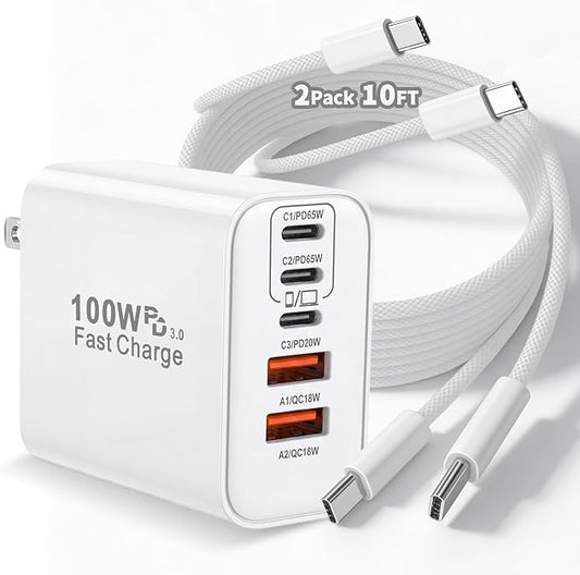100W USB C iPhone 17 16 15 Charger Fast Charging,2-Pack 10Foot Type C Woven Cable and 1-Pack 5-Port i Phone Charger Fast Charging Block for iPhone 17 Pro/17 Pro Max/Air/16 Pro Max/15 Plus/iPad Pro/Air