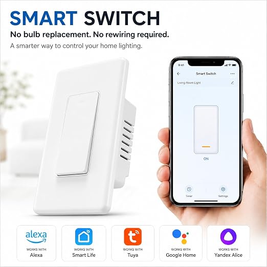 Smart Switch 1 Gang, Neutral Wire Required, 2.4GHz Wi-Fi Light Switch Compatible with Alexa and Google Home, UL Certified