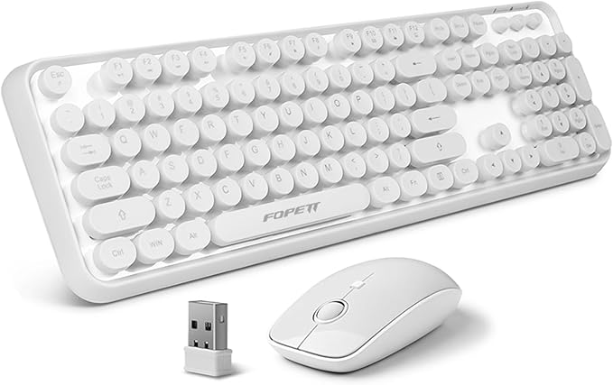 Wireless Keyboard and Mouse | Cute Colorful Keyboard and Mouse with 2.4GHz Cordless Retro Typewriter Keyboard | Auto-Sleep | USB Receiver for Windows PC/Laptop - White