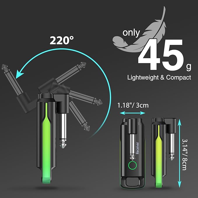 LEKATO Wireless Guitar System UHF Wireless Guitar Transmitter Receiver Rechargeable Audio Wireless Guitar Transmitter and Receiver with 70 Channels Wireless for Guitar Bass Electric Instruments-Green