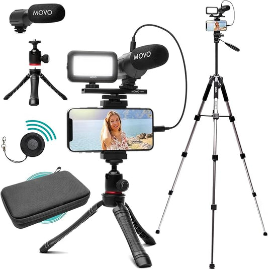 Movo iVlogger Vlogging Kit for iPhone with Fullsize Tripod - Lightning Compatible YouTube Starter Kit for Content Creators - Accessories: Tripods, Phone Mount, LED Light and Shotgun Mic