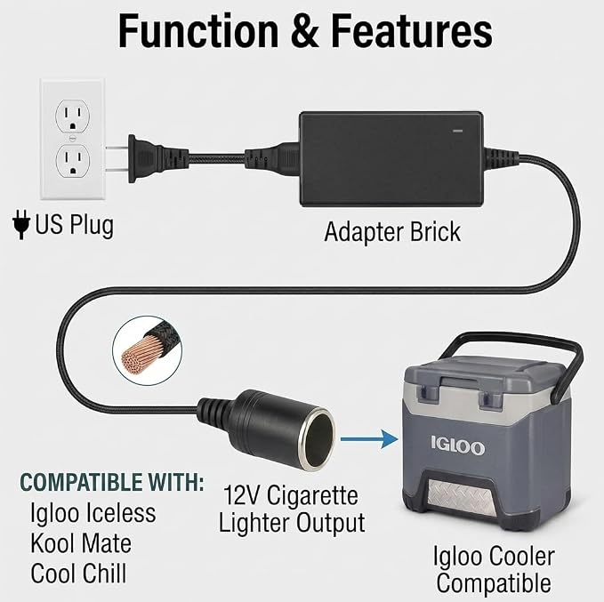 12V Power Adapter Cord for Igloo Iceless Coolers | DC12V replacement cord for Igloo Kool Mate, Cool Chill, and thermoelectric coolers. For plug-in vehicle cooler use.
