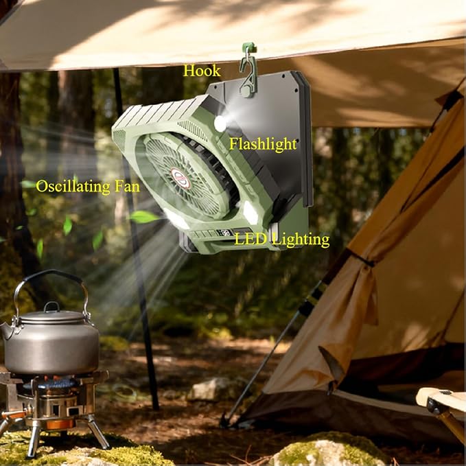 Solar Camping Fan, 25000mAh Dual-Panel Solar Powered Fan with LED Light, Portable Rechargeable Fan with 4 Speeds, 3-in-1 Multi-Function for Camping, Home, Travel & Outdoor Use